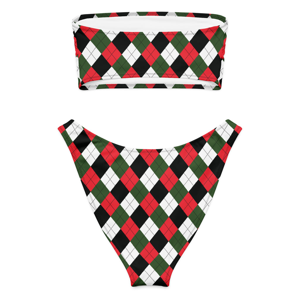 Women's Christmas Argyle Recycled Bandeau Bikini - Quick Drying Fabric With UPF 50+