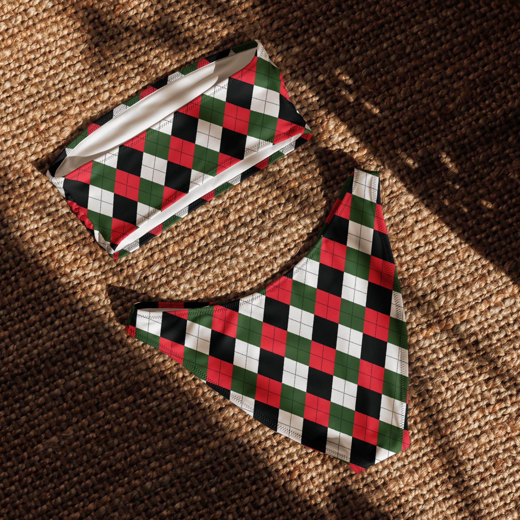 Women's Christmas Argyle Recycled Bandeau Bikini - Quick Drying Fabric With UPF 50+