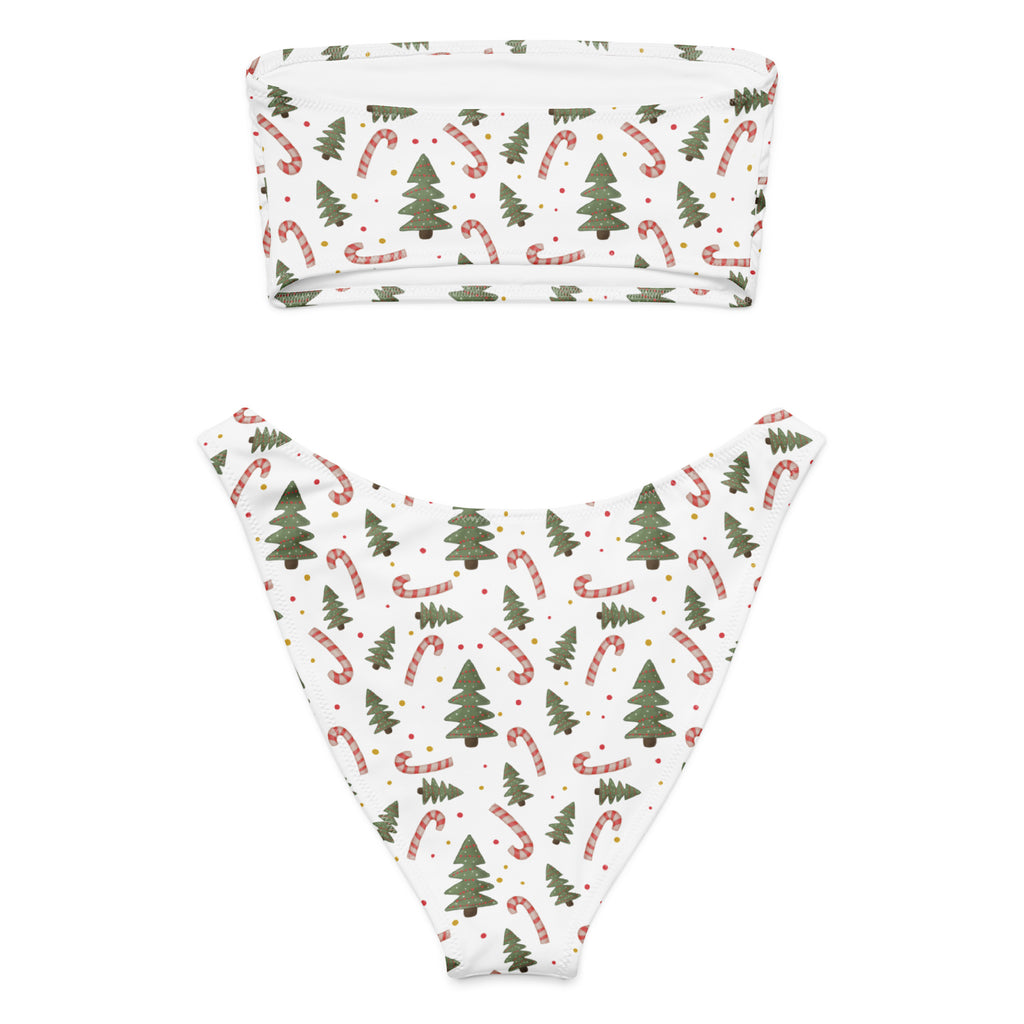 Women's Christmas Trees & Candy Canes Recycled Bandeau Bikini - Quick Drying Fabric With UPF 50+