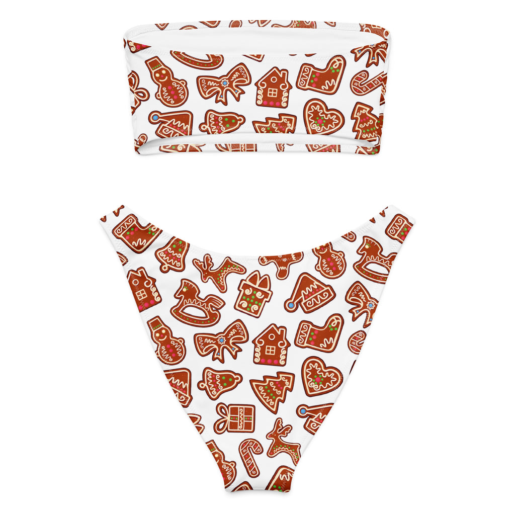Women's White Gingerbread Canes Recycled Bandeau Bikini - Quick Drying Fabric With UPF 50+