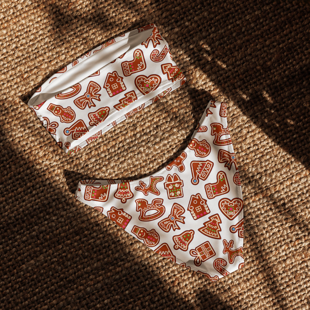 Women's White Gingerbread Canes Recycled Bandeau Bikini - Quick Drying Fabric With UPF 50+