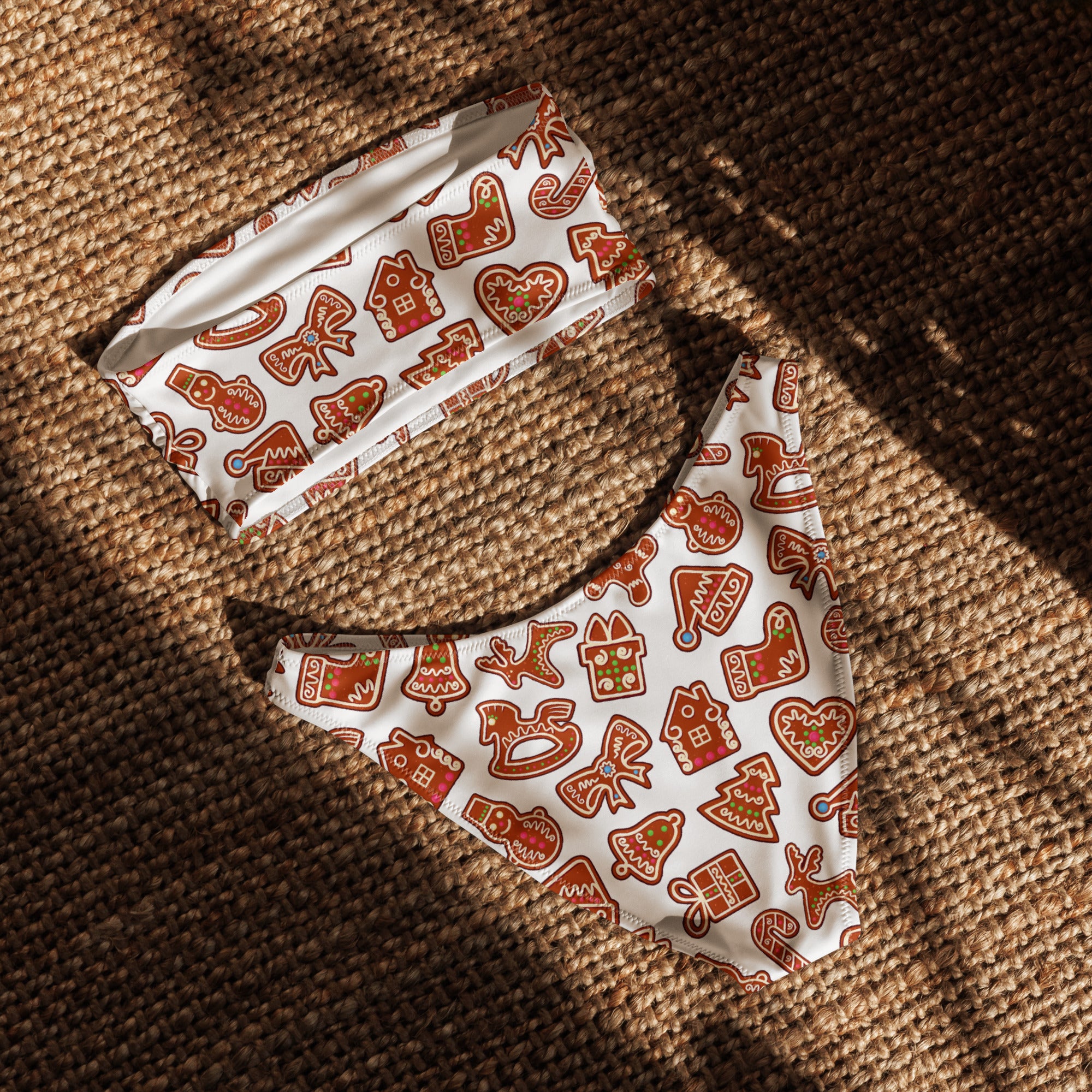 Women's White Gingerbread Canes Recycled Bandeau Bikini - Quick Drying Fabric With UPF 50+
