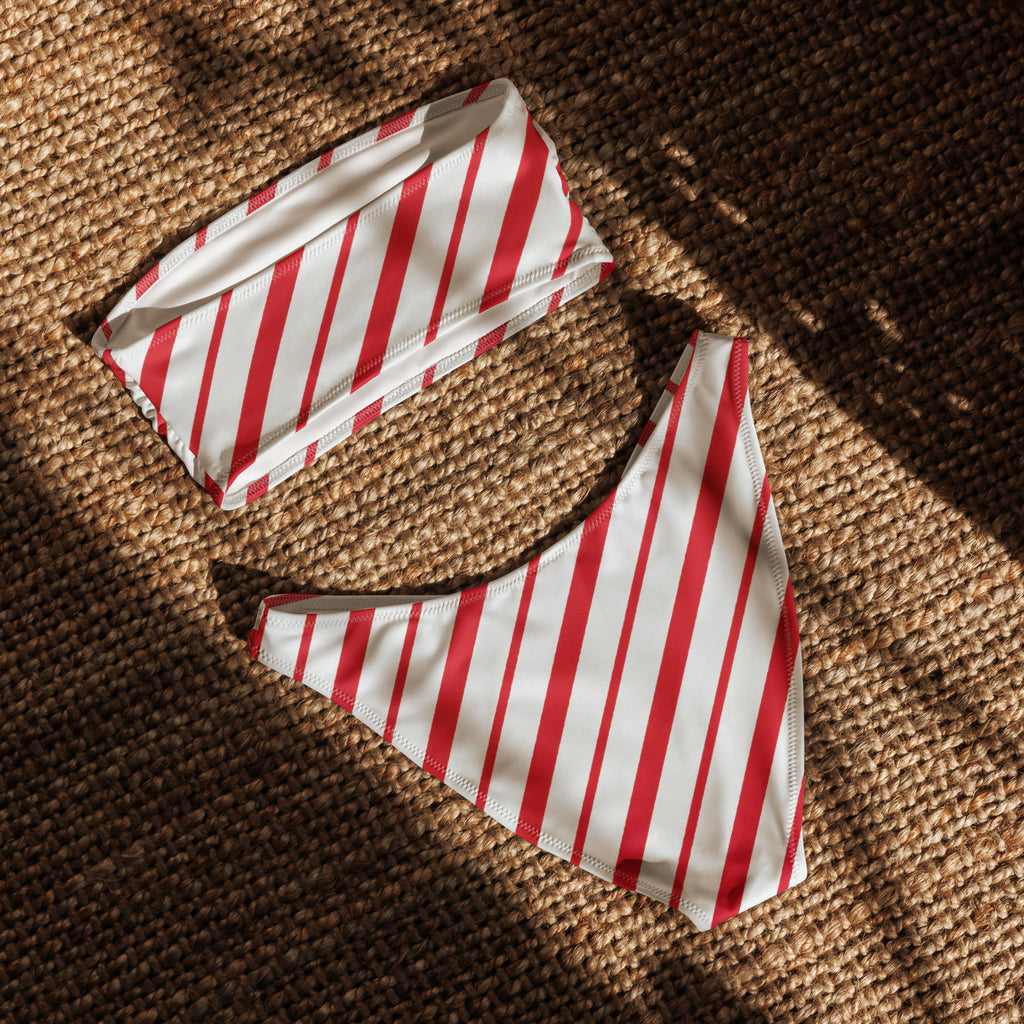 Women's Candy Cane Stripe Recycled Bandeau Bikini - Quick Drying Fabric With UPF 50+
