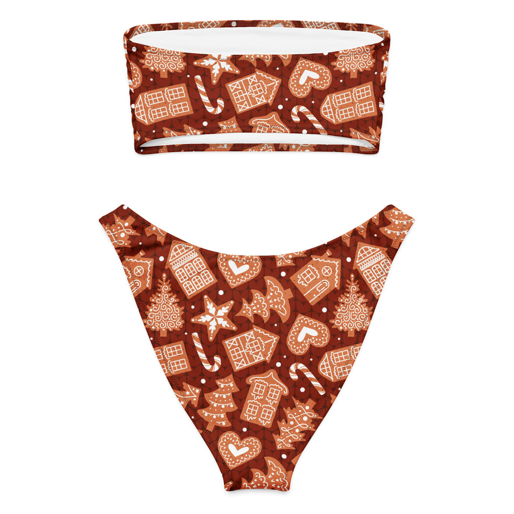 Women's Red Gingerbread Cookies Recycled Bandeau Bikini - Quick Drying Fabric With UPF 50+