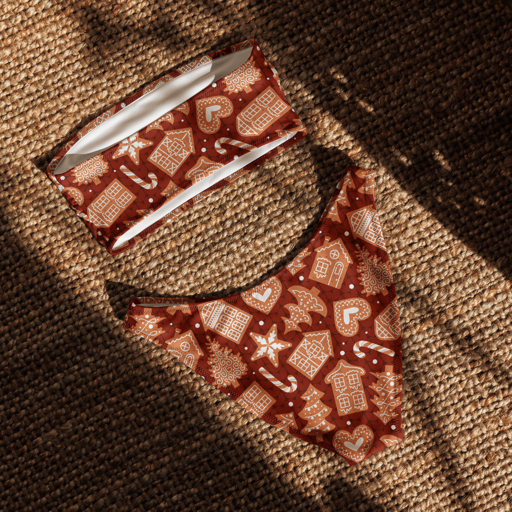 Women's Red Gingerbread Cookies Recycled Bandeau Bikini - Quick Drying Fabric With UPF 50+
