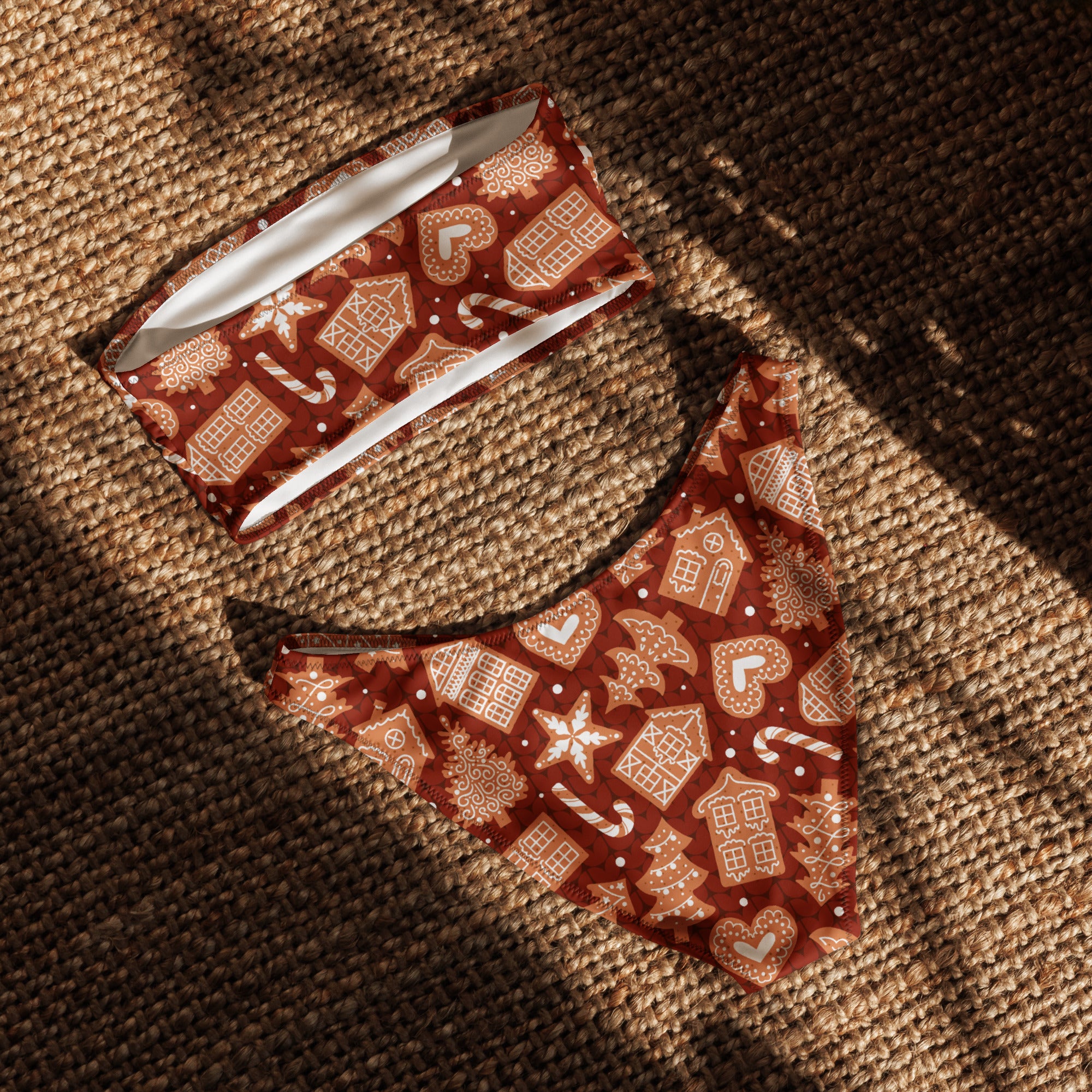 Women's Red Gingerbread Cookies Recycled Bandeau Bikini - Quick Drying Fabric With UPF 50+