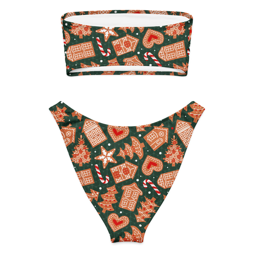 Women's Green Gingerbread Cookies Recycled Bandeau Bikini - Quick Drying Fabric With UPF 50+