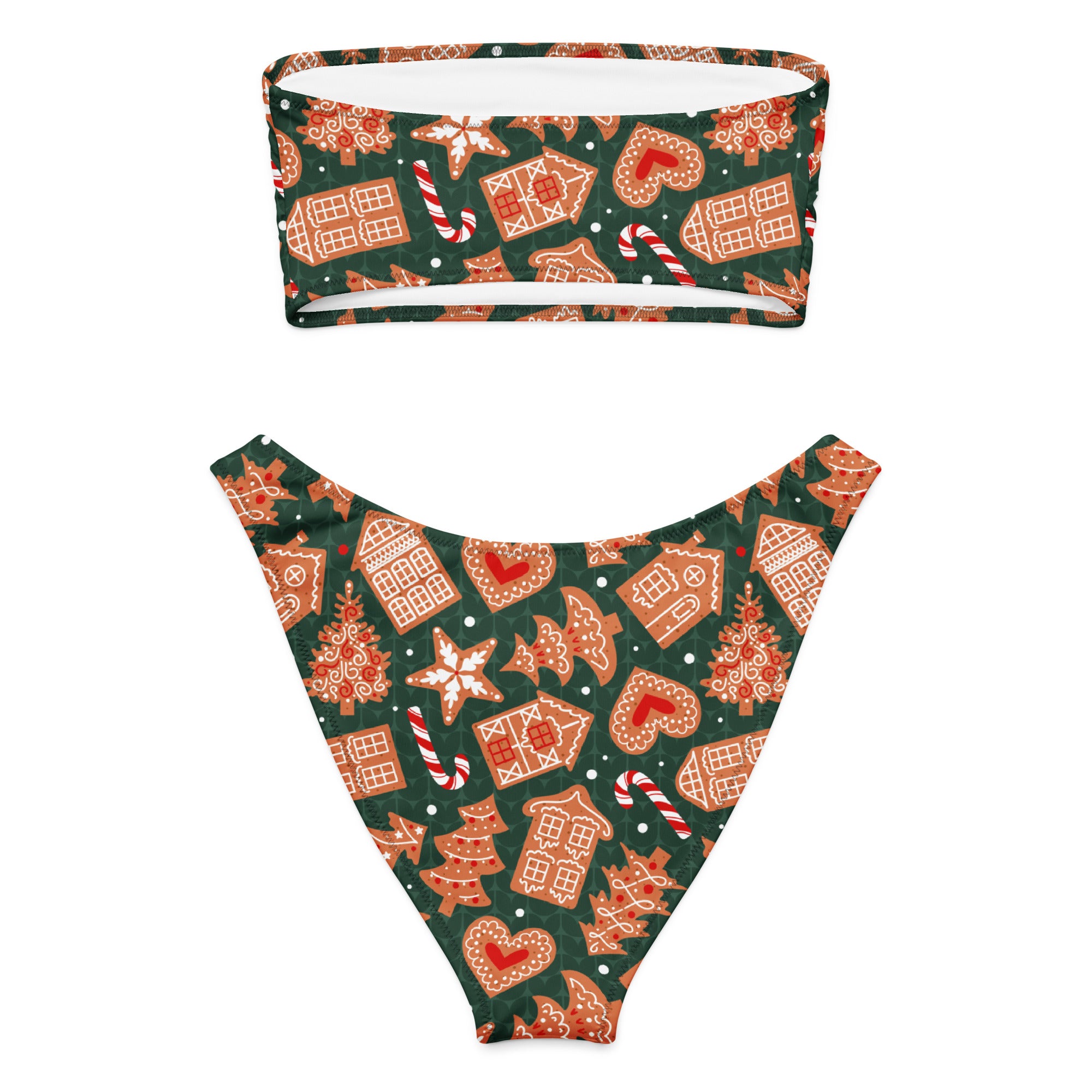 Women's Green Gingerbread Cookies Recycled Bandeau Bikini - Quick Drying Fabric With UPF 50+