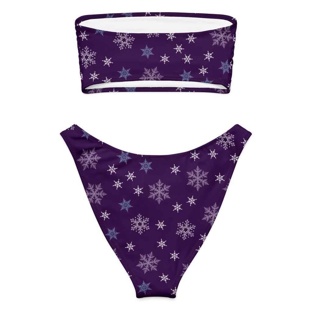 Women’s purple recycled bandeau bikini with white and blue snowflake pattern quick drying fabric upf 50+