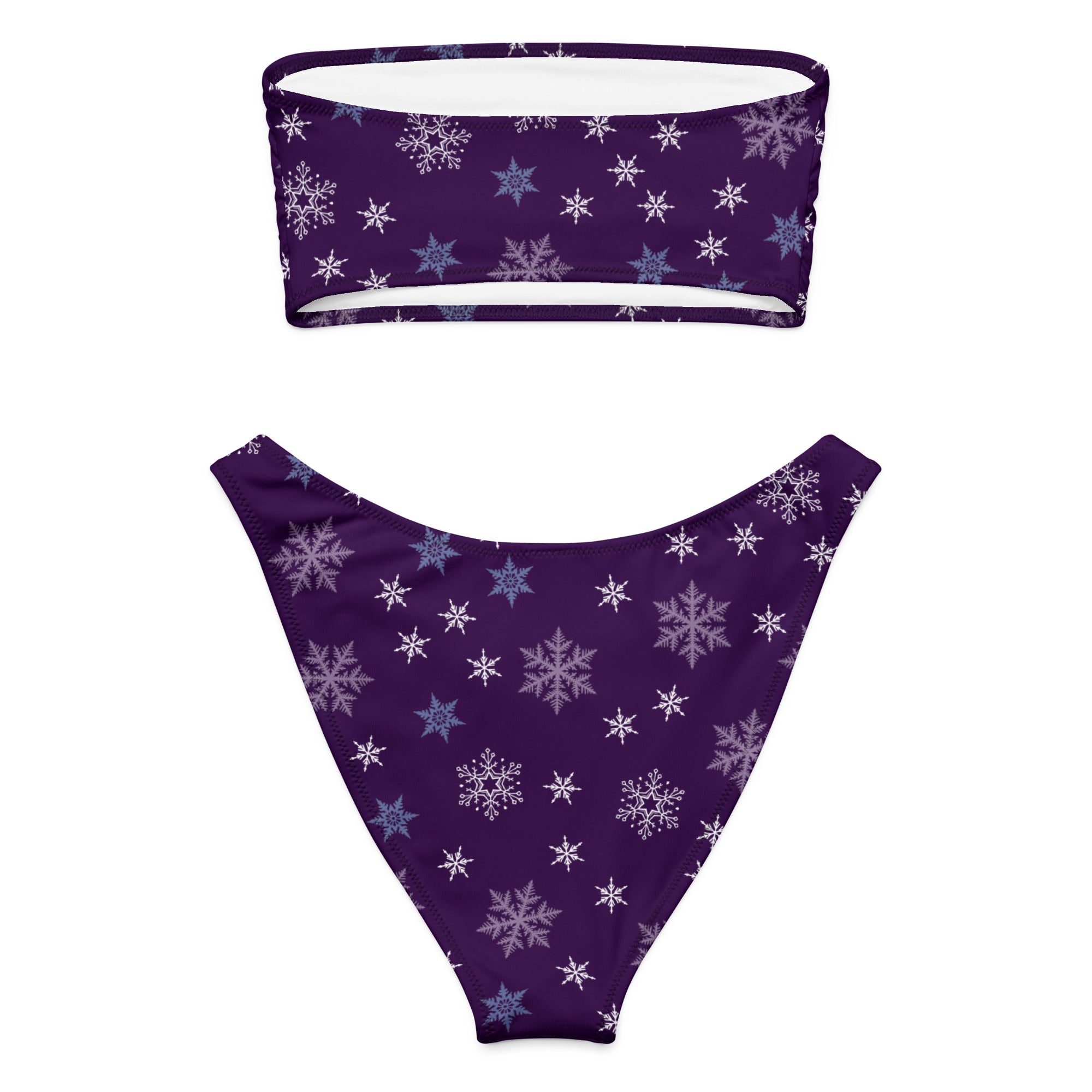 Women’s purple recycled bandeau bikini with white and blue snowflake pattern quick drying fabric upf 50+