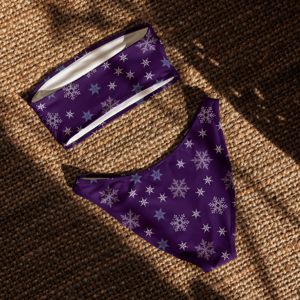Women’s purple snowflake recycled bandeau bikini set with white and light blue snowflakes quick drying fabric upf 50+