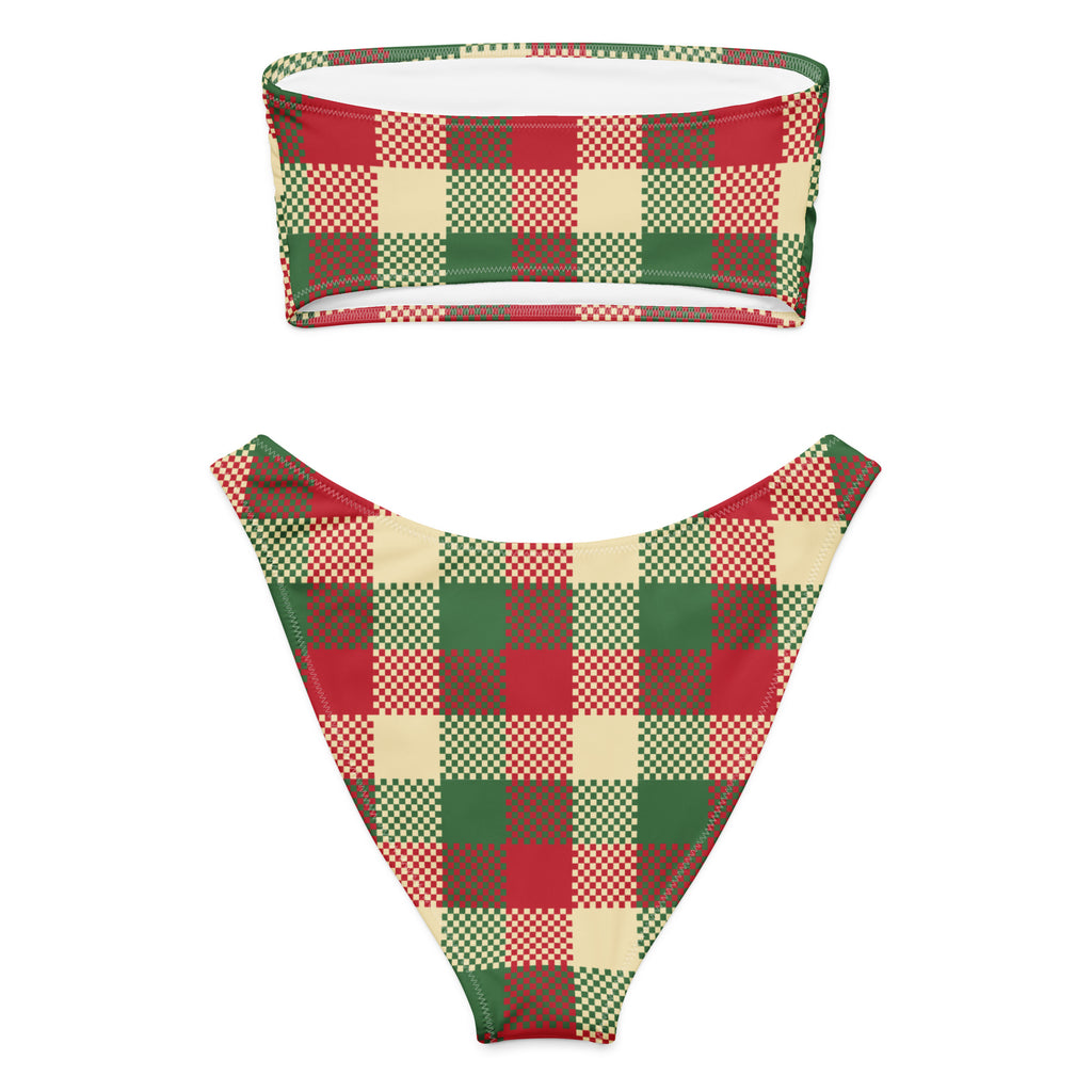 Women’s christmas plaid recycled bandeau bikini set in red green and cream with quick drying fabric and upf 50+ protection