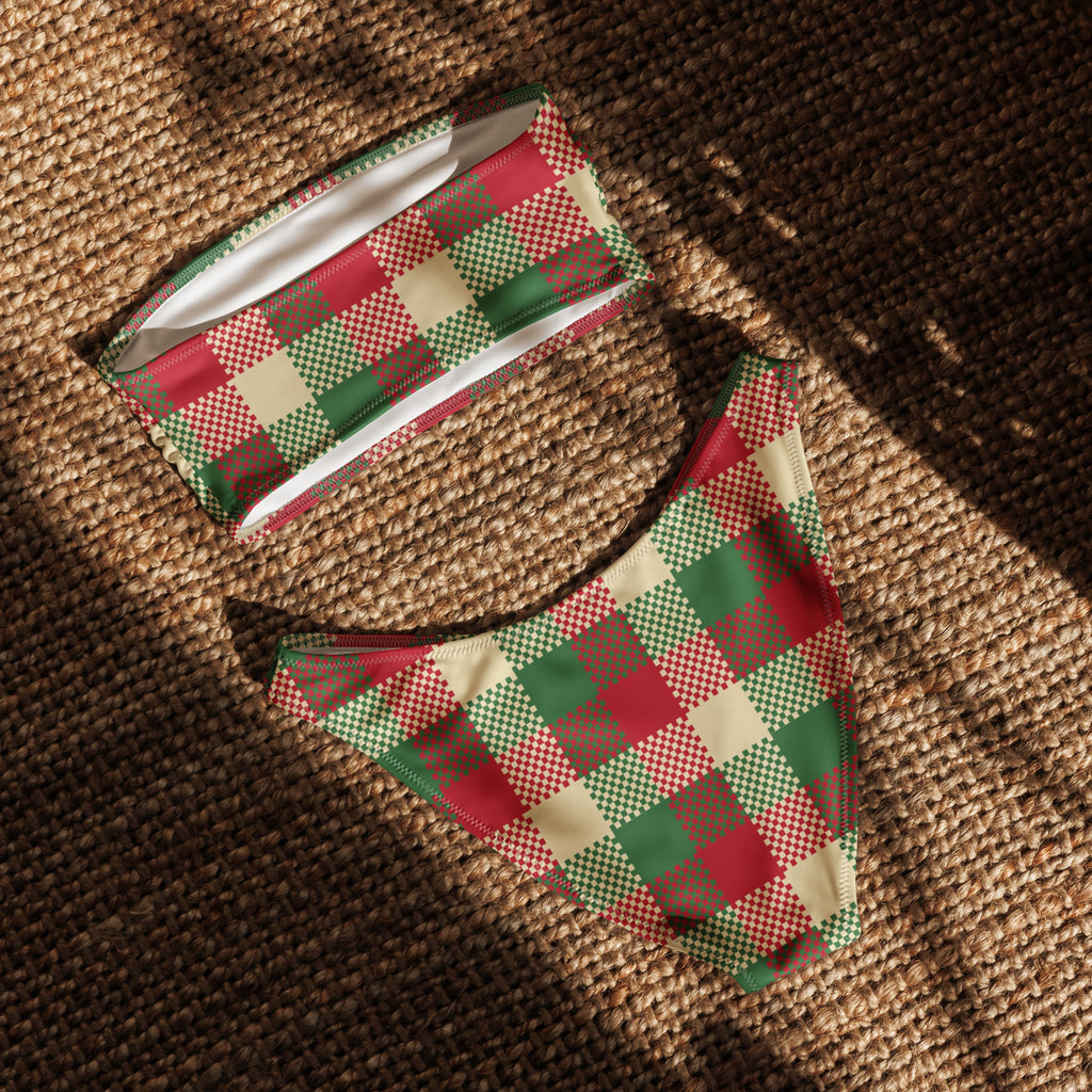 Red green and beige plaid patterned dog bandana set with checkered design for women’s christmas recycled bandeau bikini use