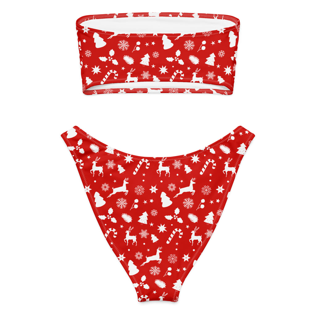 Women’s red christmas recycled bandeau bikini with white reindeer snowflakes candy canes print quick drying upf 50+