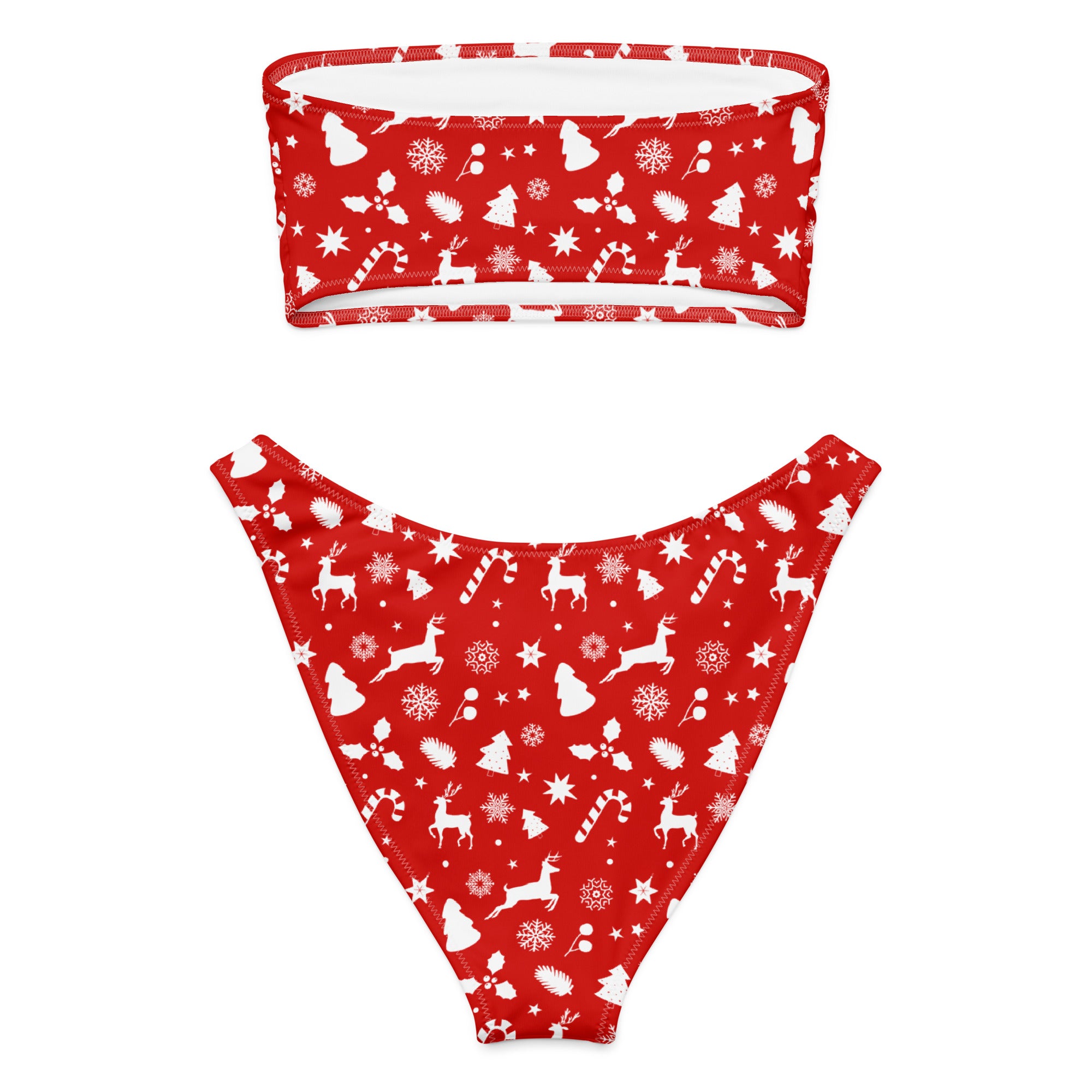 Women’s red christmas recycled bandeau bikini with white reindeer snowflakes candy canes print quick drying upf 50+