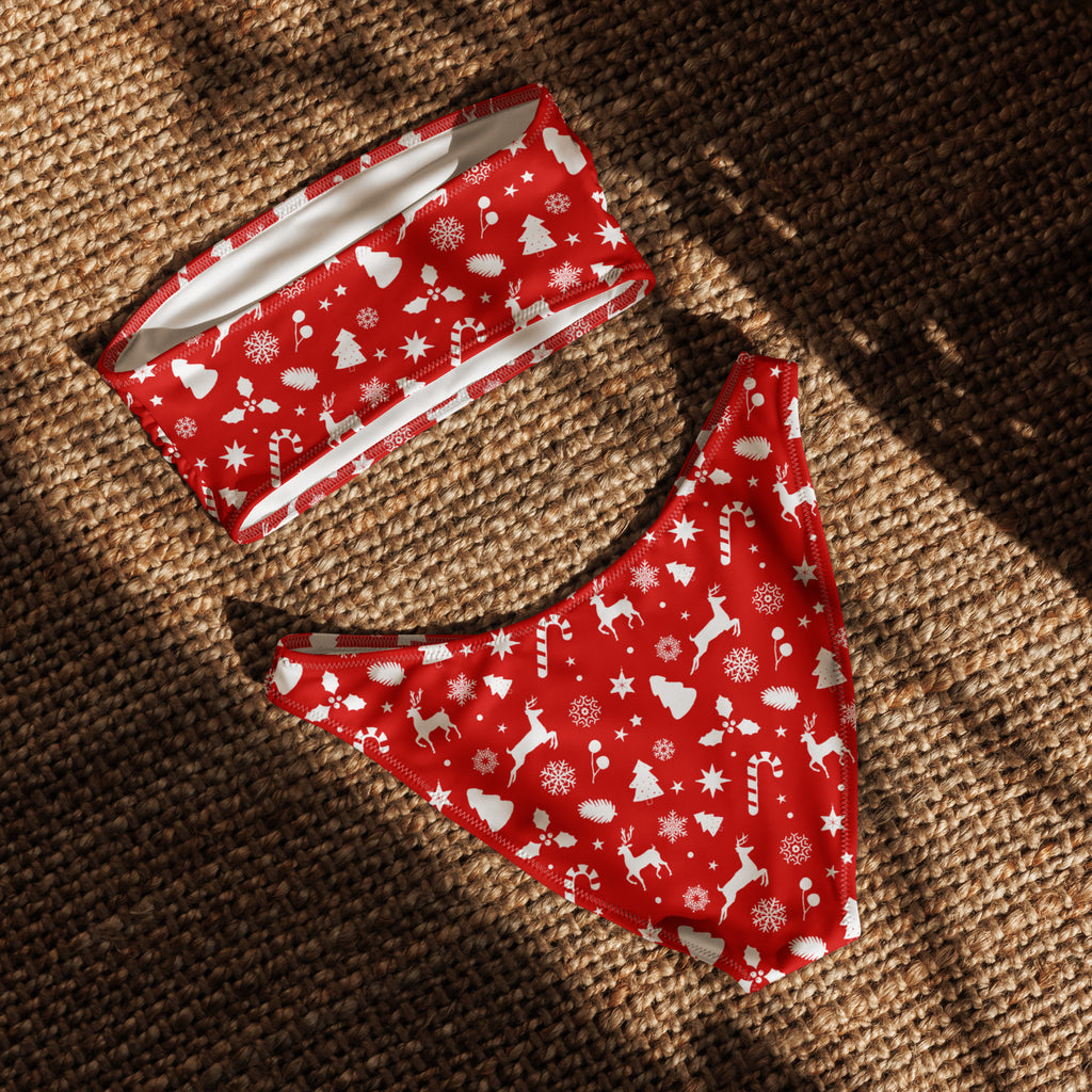 Women’s red christmas recycled bandeau bikini with white reindeer print quick drying fabric and upf 50+ protection