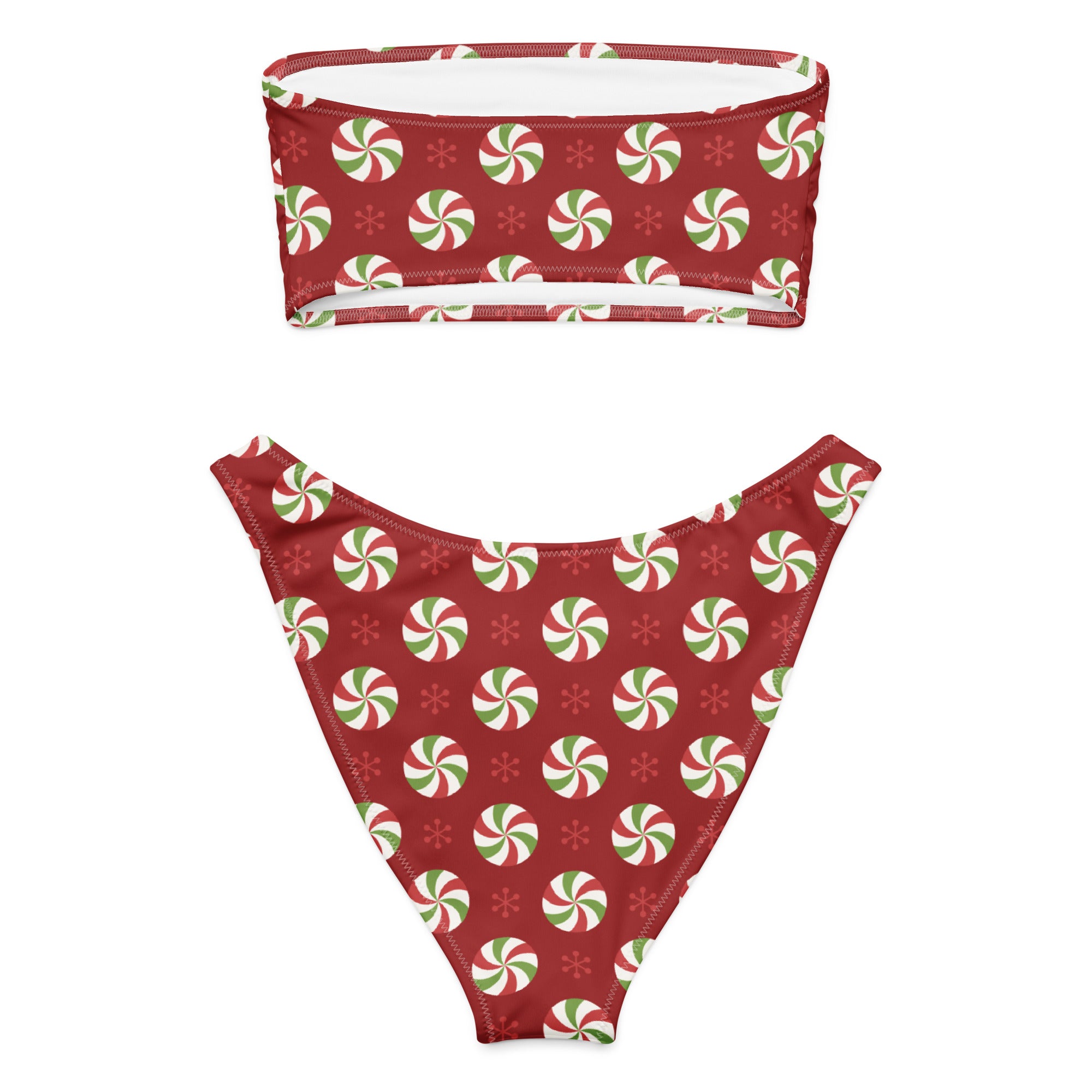 Women’s peppermint candy recycled bandeau bikini in red with green and white swirls and snowflake patterns with upf 50+