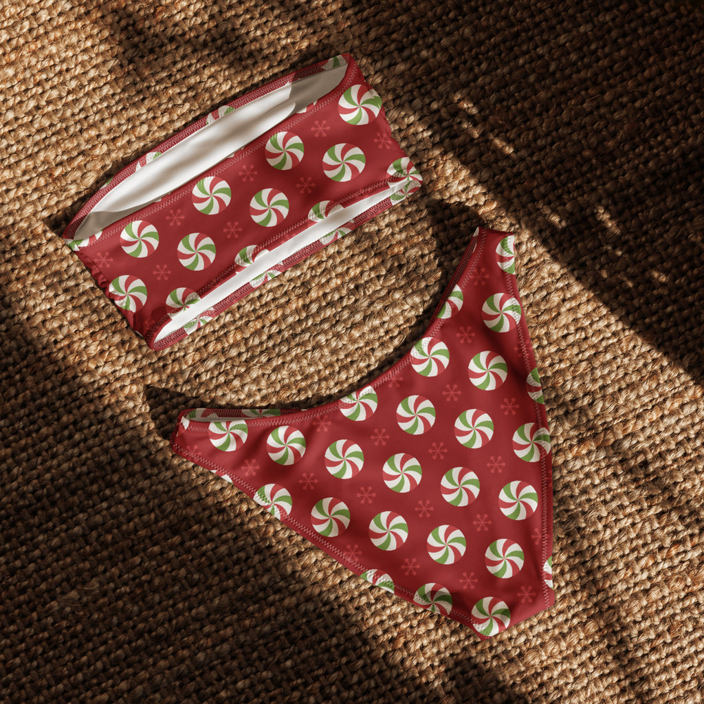 Red peppermint candy print dog bandana and matching collar set made from quick drying fabric with upf 50 plus protection