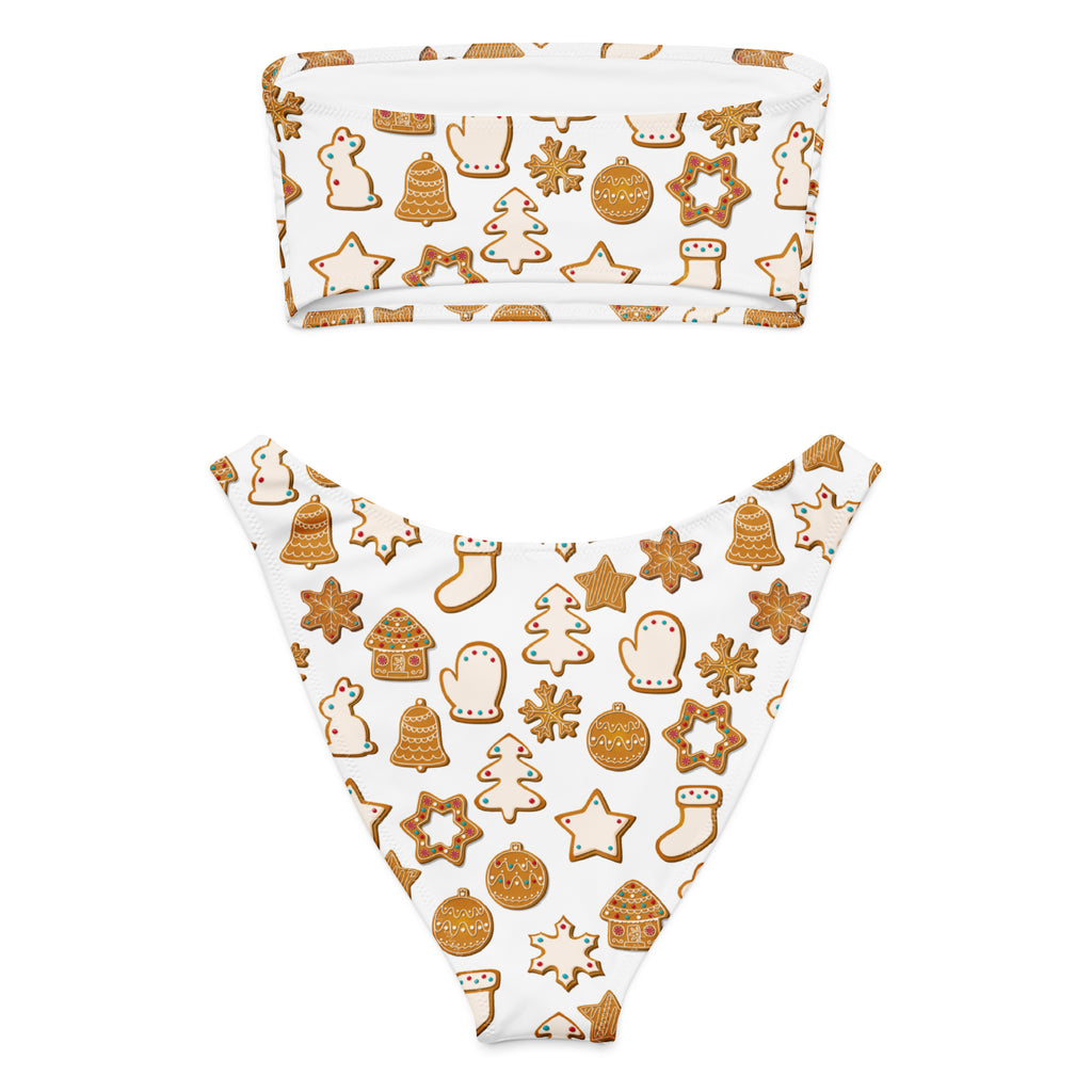 Women’s white gingerbread cookie recycled bandeau bikini set with festive gingerbread pattern quick drying fabric upf 50+