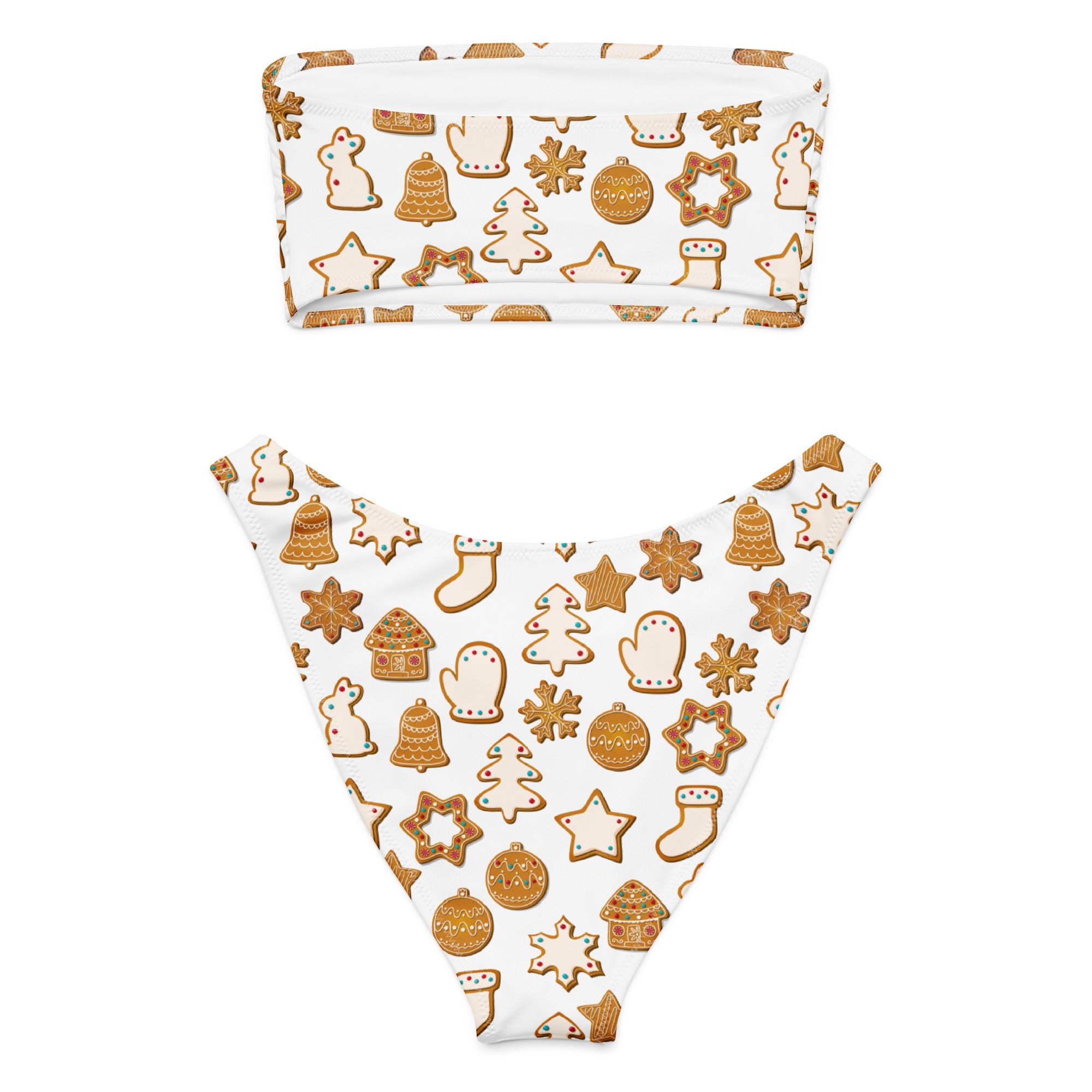 Women’s white gingerbread cookie recycled bandeau bikini set with festive gingerbread pattern quick drying fabric upf 50+