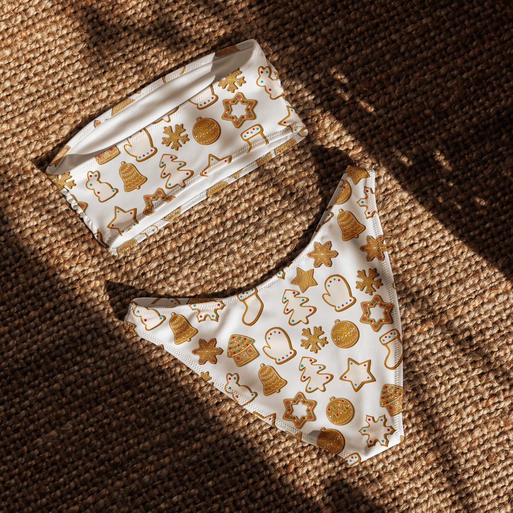 Women’s white gingerbread cookie recycled bandeau bikini with gold holiday cookie print quick drying fabric upf 50+