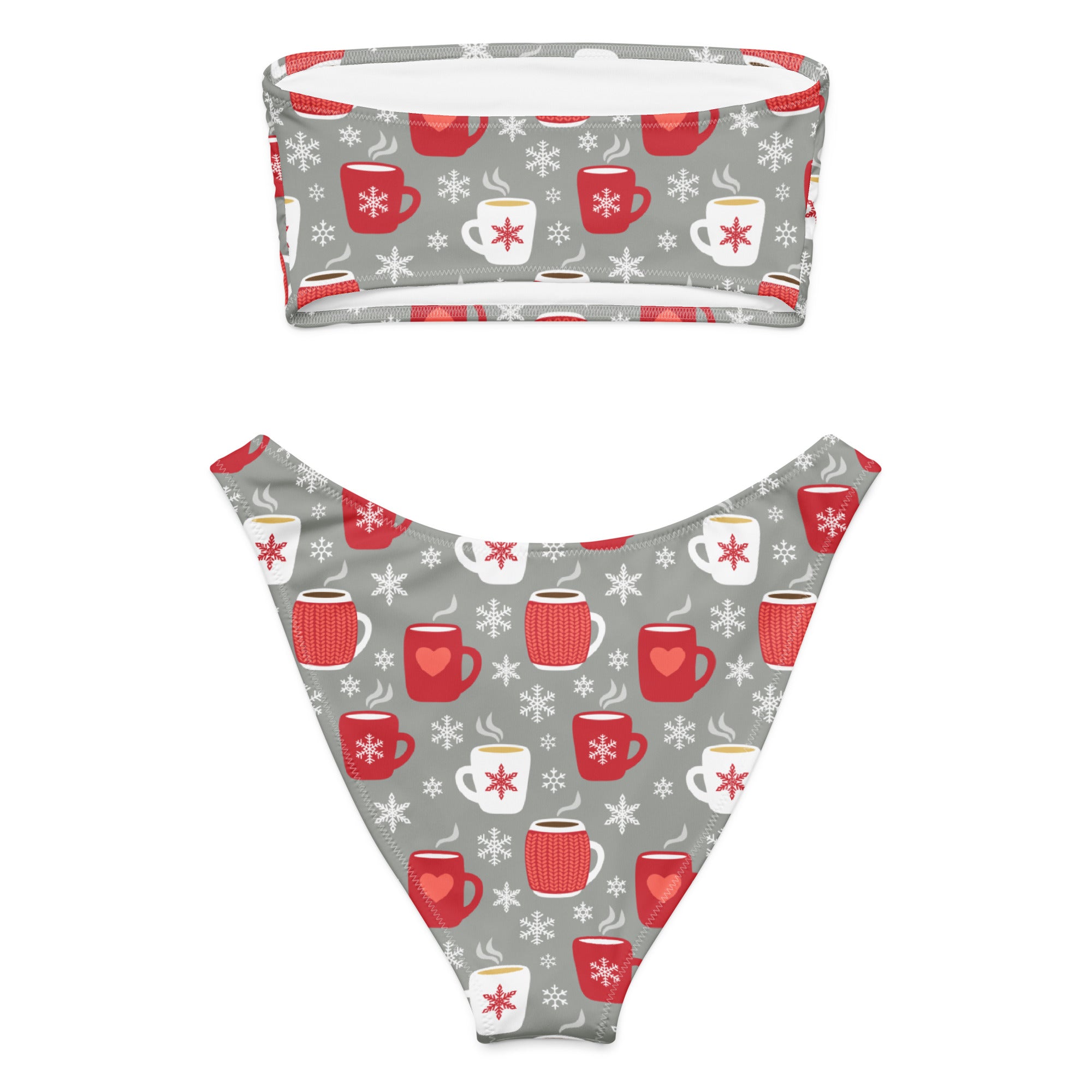 Women’s hot cocoa gray bandeau bikini set with red and white coffee mug snowflake patterns quick drying fabric upf 50+