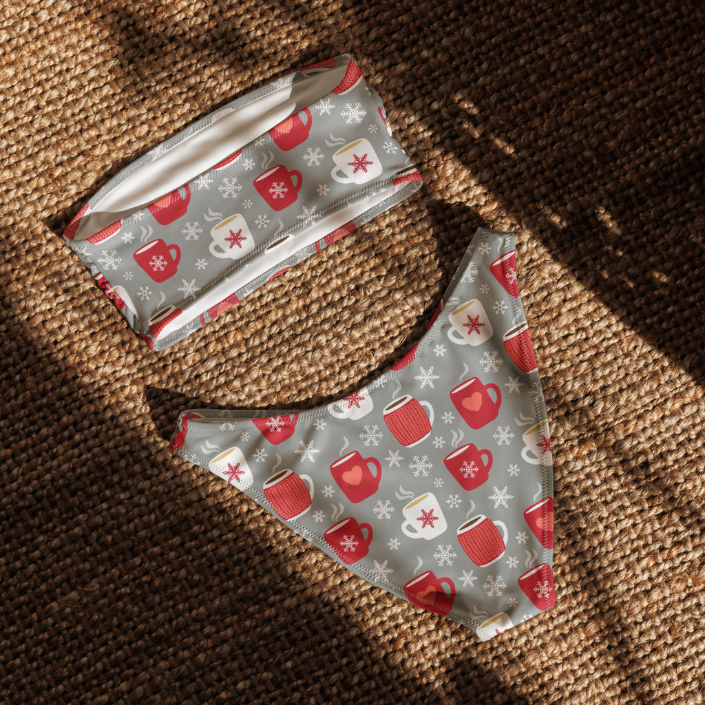 Women’s hot cocoa recycled bandeau bikini in gray with festive red and white coffee mug pattern and upf 50 plus fabric