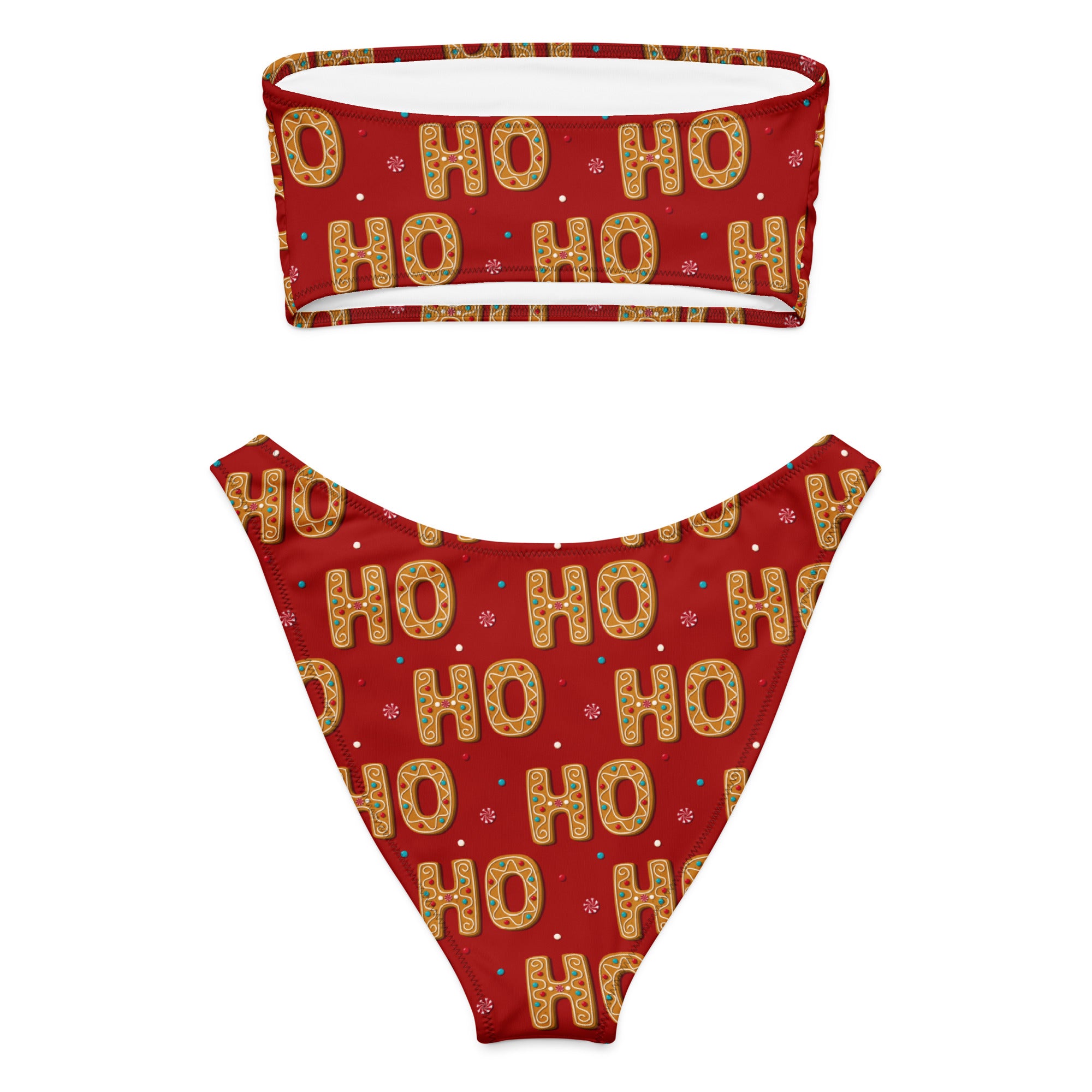 Women’s red ho ho ho christmas recycled bandeau bikini set with gingerbread print quick drying fabric upf 50+