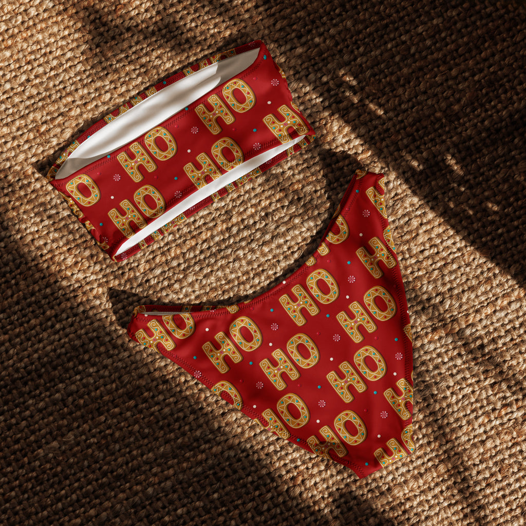 Women’s red ho ho ho christmas recycled bandeau bikini quick drying fabric upf 50 plus with festive dog bandana and collar