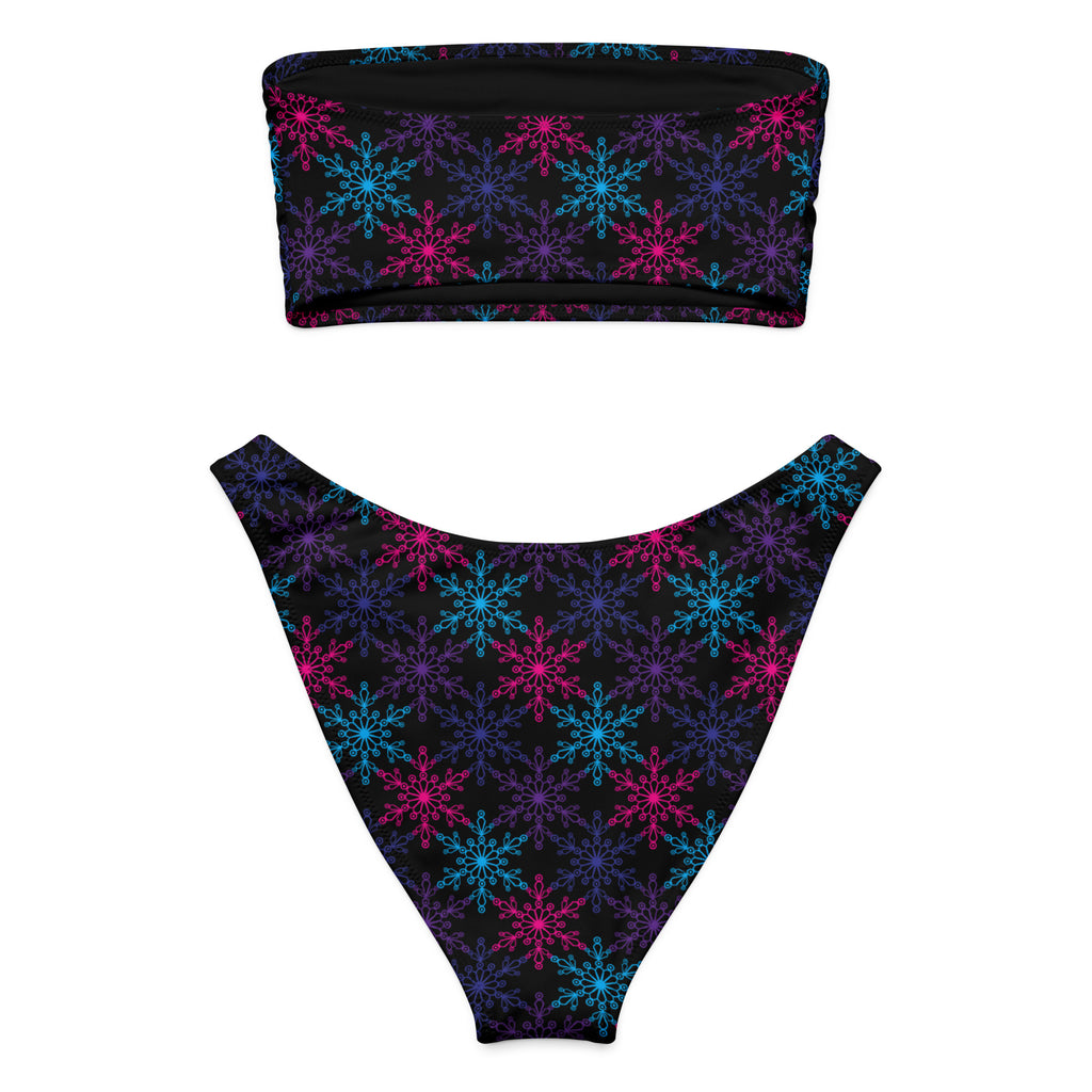 Women’s black neon snowflake recycled bandeau bikini set with vibrant pink blue purple pattern quick drying fabric upf 50+