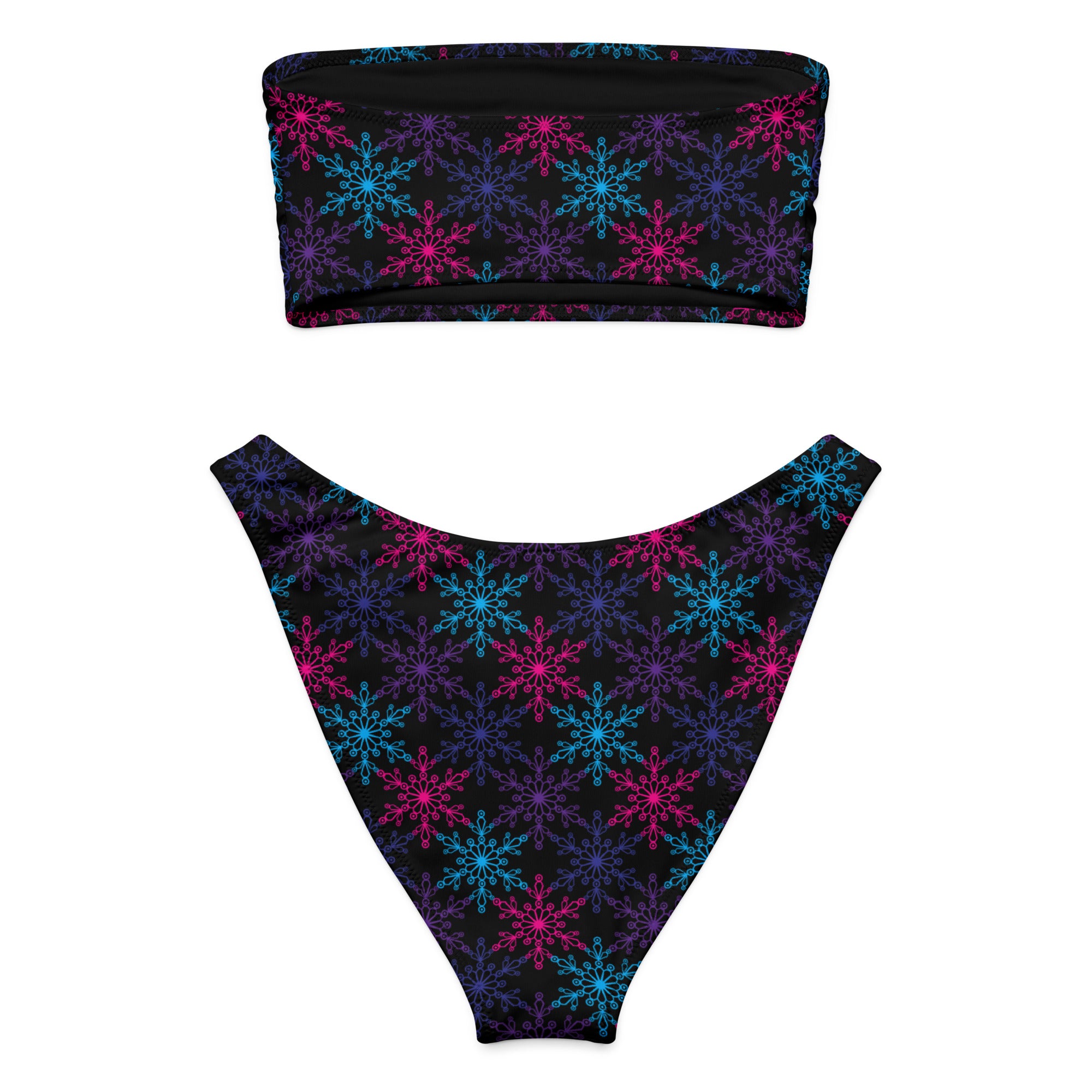 Women’s black neon snowflake recycled bandeau bikini set with vibrant pink blue purple pattern quick drying fabric upf 50+