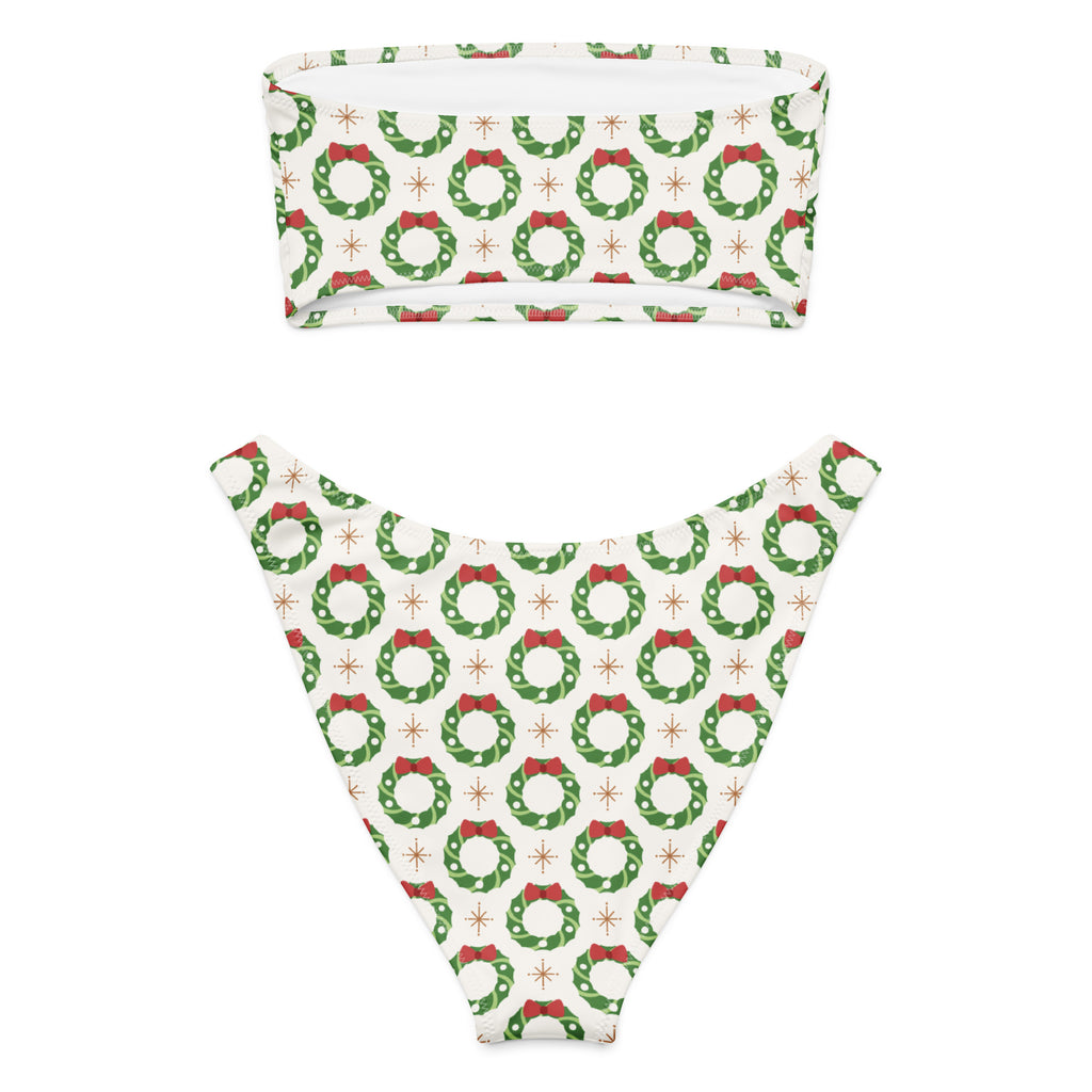 Women's Christmas Wreath Recycled Bandeau Bikini - Quick Drying Fabric With UPF 50+