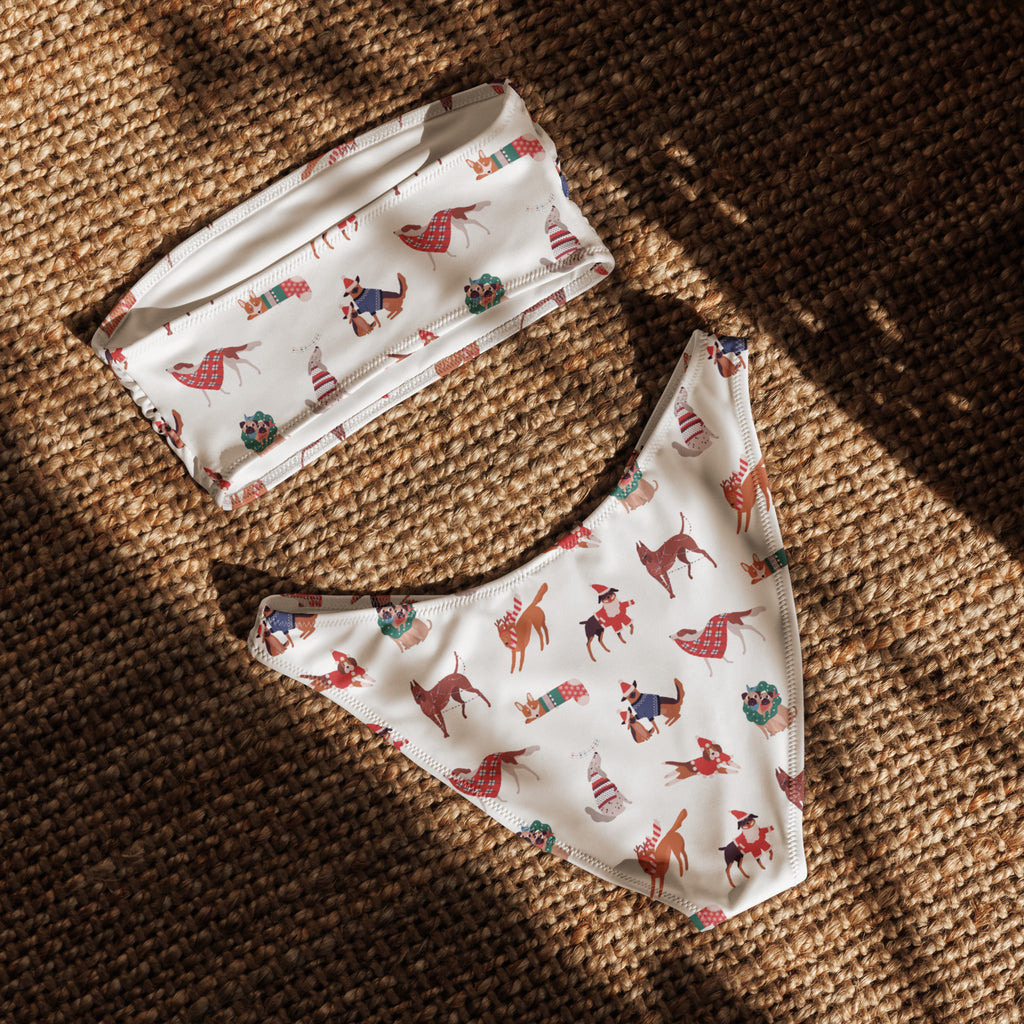 Women's Christmas Dog Recycled Bandeau Bikini - Quick Drying Fabric With UPF 50+