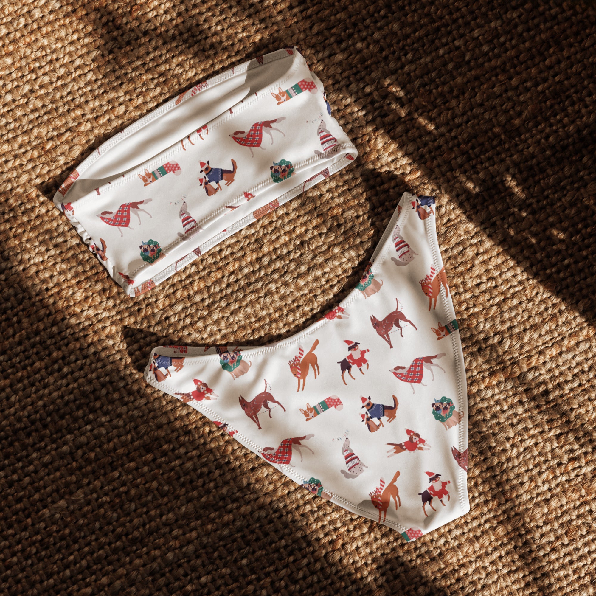 Women's Christmas Dog Recycled Bandeau Bikini - Quick Drying Fabric With UPF 50+