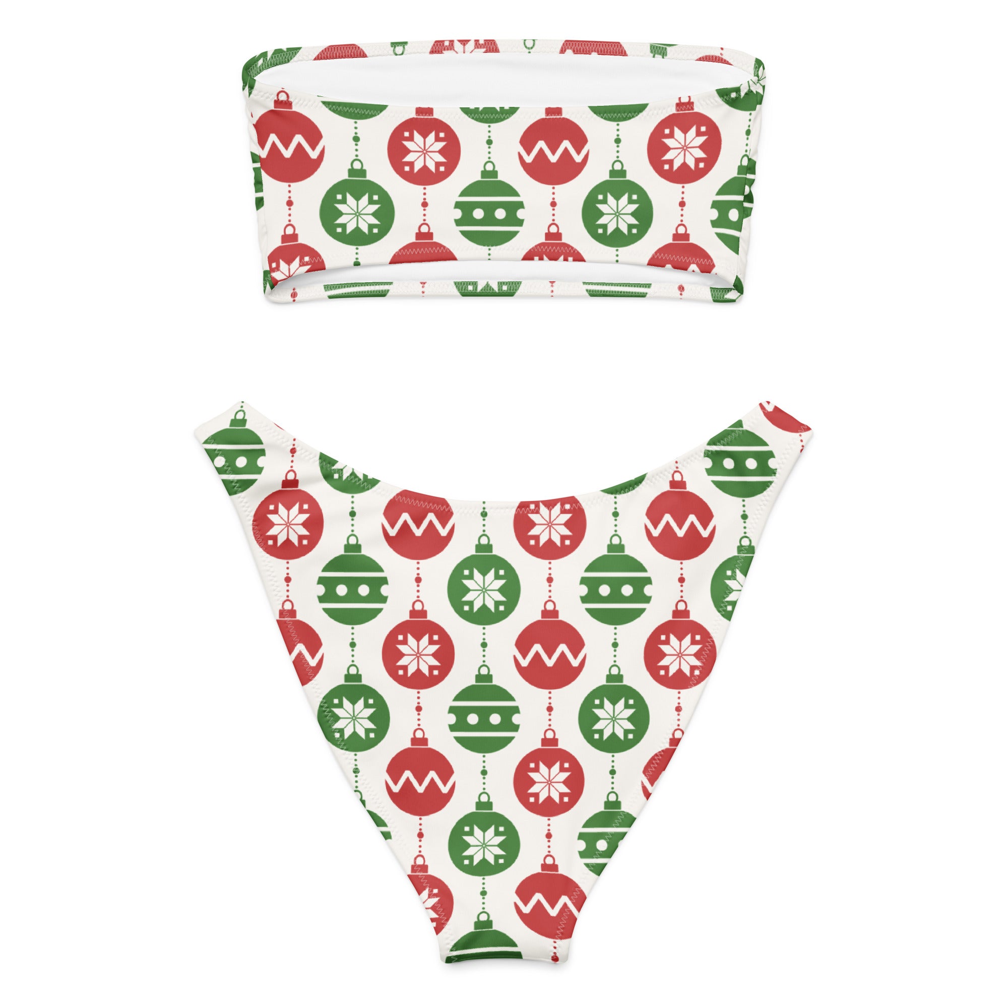 Women’s quick drying recycled bandeau bikini set with festive red and green christmas ornaments pattern and upf 50+ protection