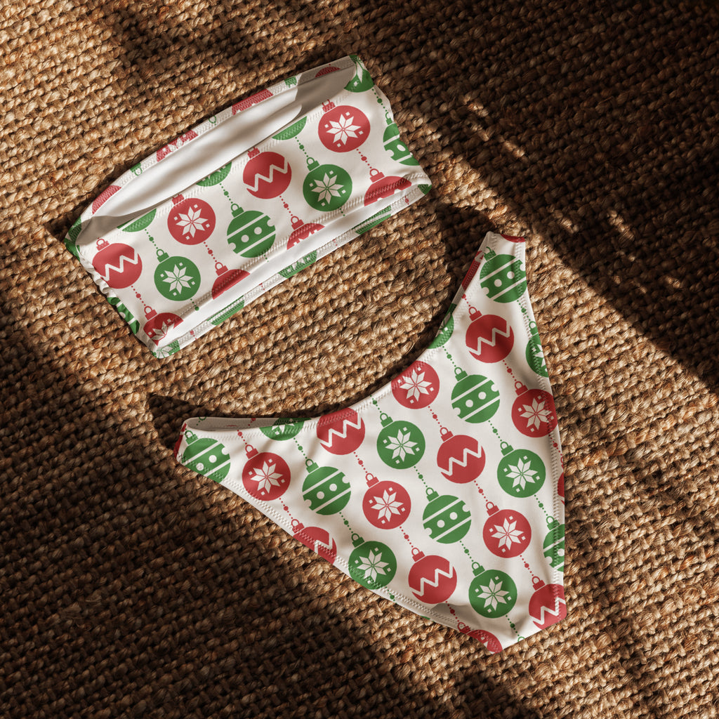 Women’s white bandeau bikini set with red and green christmas ornaments and snowflakes made from soft quick drying fabric