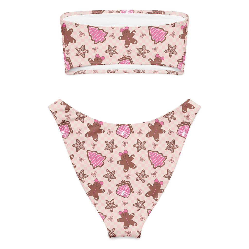 Women’s pink and brown gingerbread recycled bandeau bikini set with quick drying fabric and UPF 50 plus protection