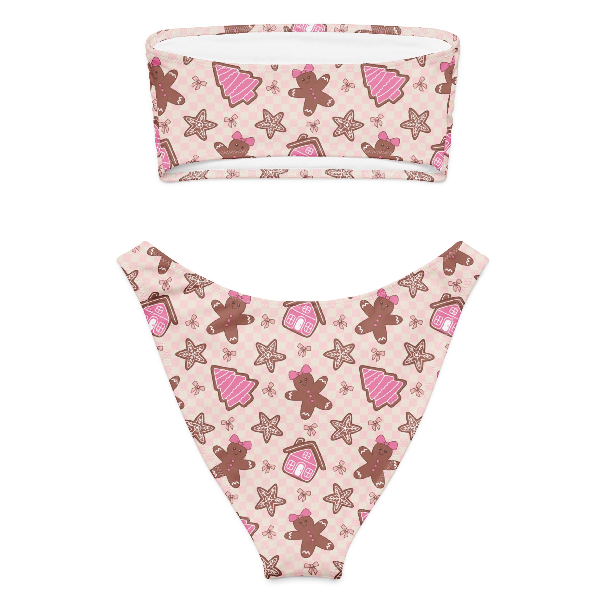 Women’s pink and brown gingerbread recycled bandeau bikini set with quick drying fabric and UPF 50 plus protection