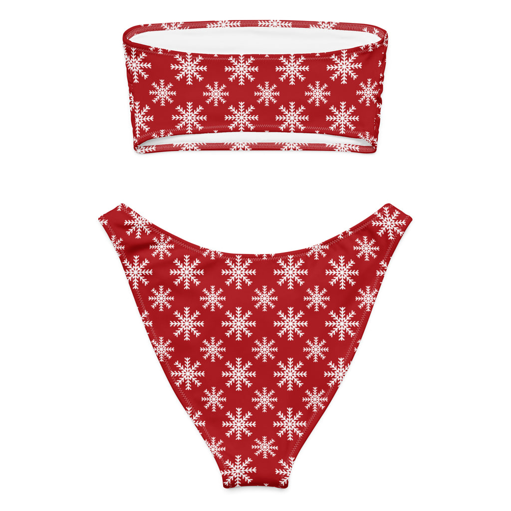 Women's Red Snowflake Christmas Recycled Bandeau Bikini - Quick Drying Fabric With UPF 50+