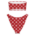 Women's Red Snowflake Christmas Recycled Bandeau Bikini - Quick Drying Fabric With UPF 50+