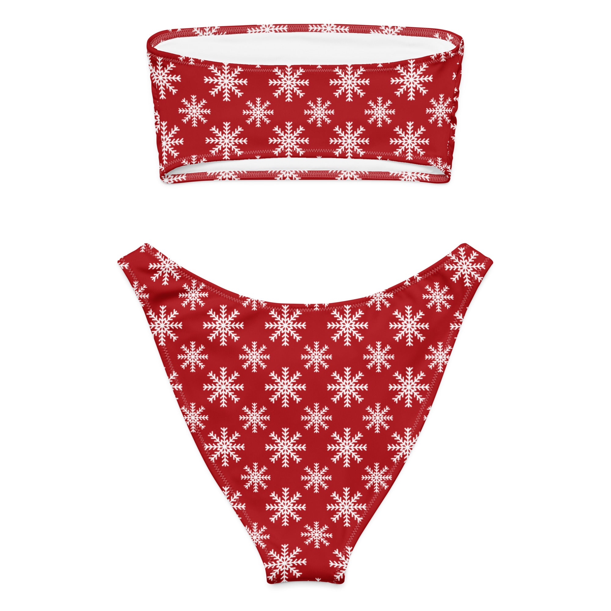 Women's Red Snowflake Christmas Recycled Bandeau Bikini - Quick Drying Fabric With UPF 50+
