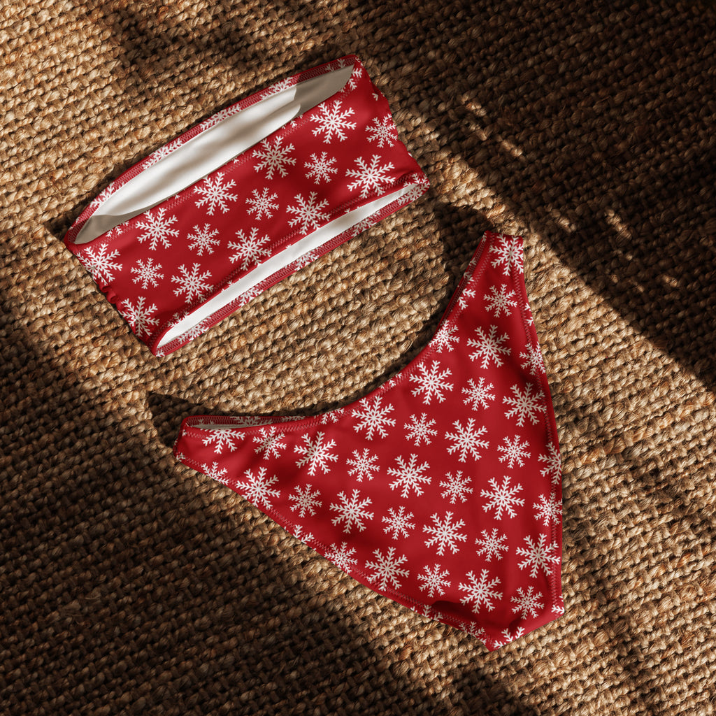 Women's Red Snowflake Christmas Recycled Bandeau Bikini - Quick Drying Fabric With UPF 50+