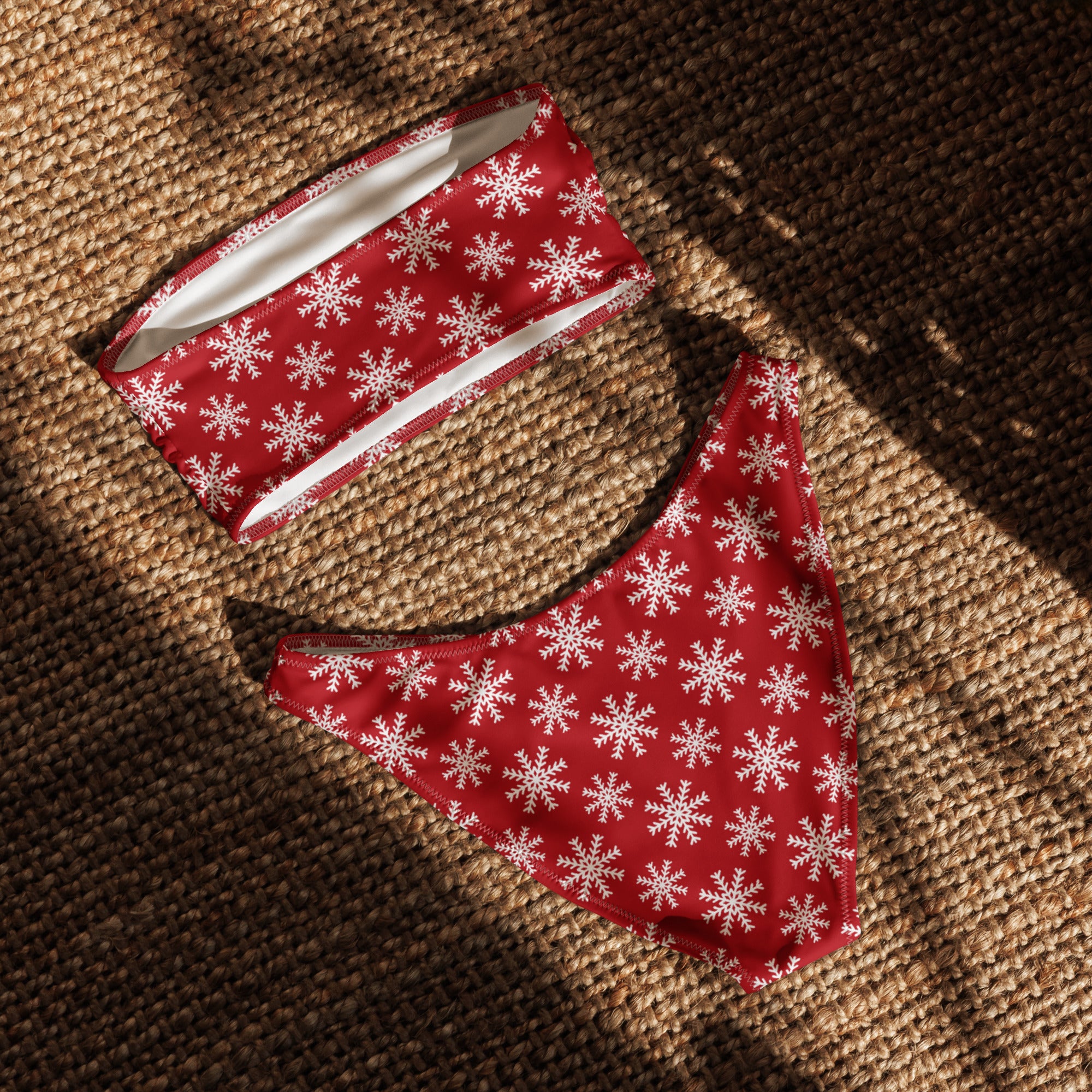 Women's Red Snowflake Christmas Recycled Bandeau Bikini - Quick Drying Fabric With UPF 50+