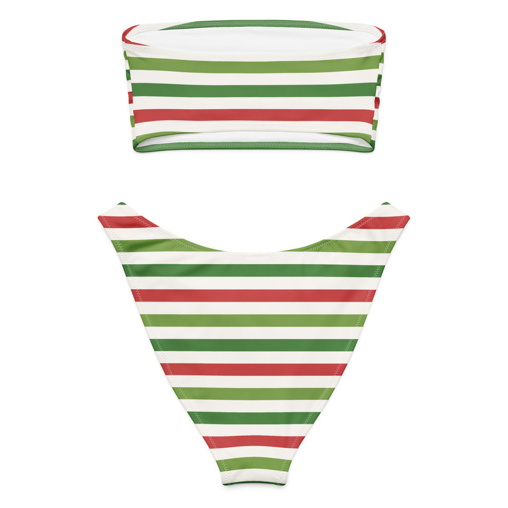 Women's Christmas Striped Recycled Bandeau Bikini - Quick Drying Fabric With UPF 50+