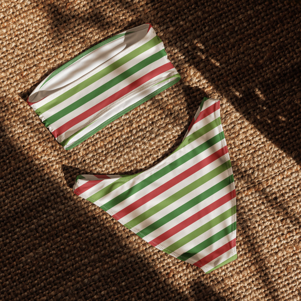 Women's Christmas Striped Recycled Bandeau Bikini - Quick Drying Fabric With UPF 50+