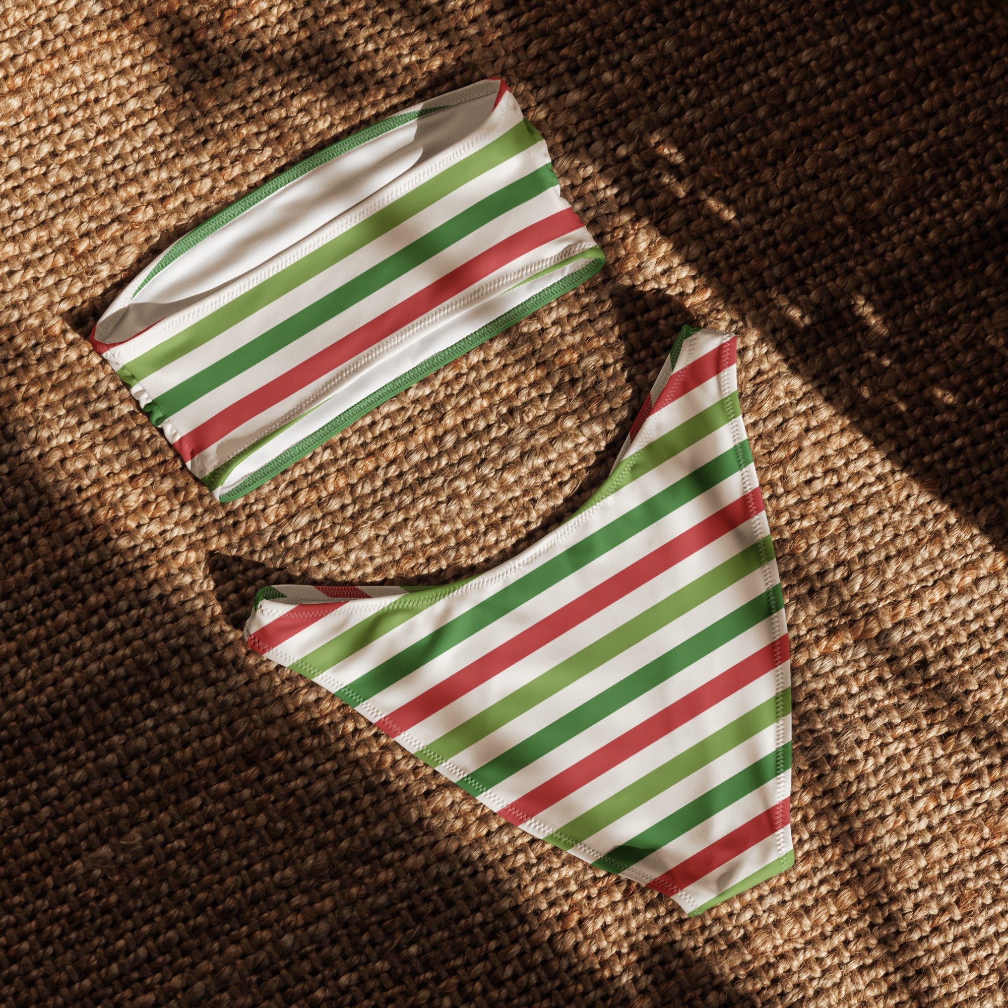 Women's Christmas Striped Recycled Bandeau Bikini - Quick Drying Fabric With UPF 50+