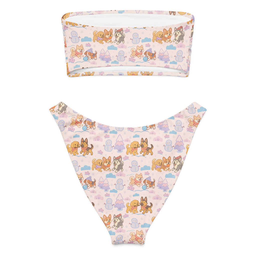 Women’s pastel pink bandeau bikini set with recycled quick-drying fabric and upf 50 plus featuring christmas dog pattern
