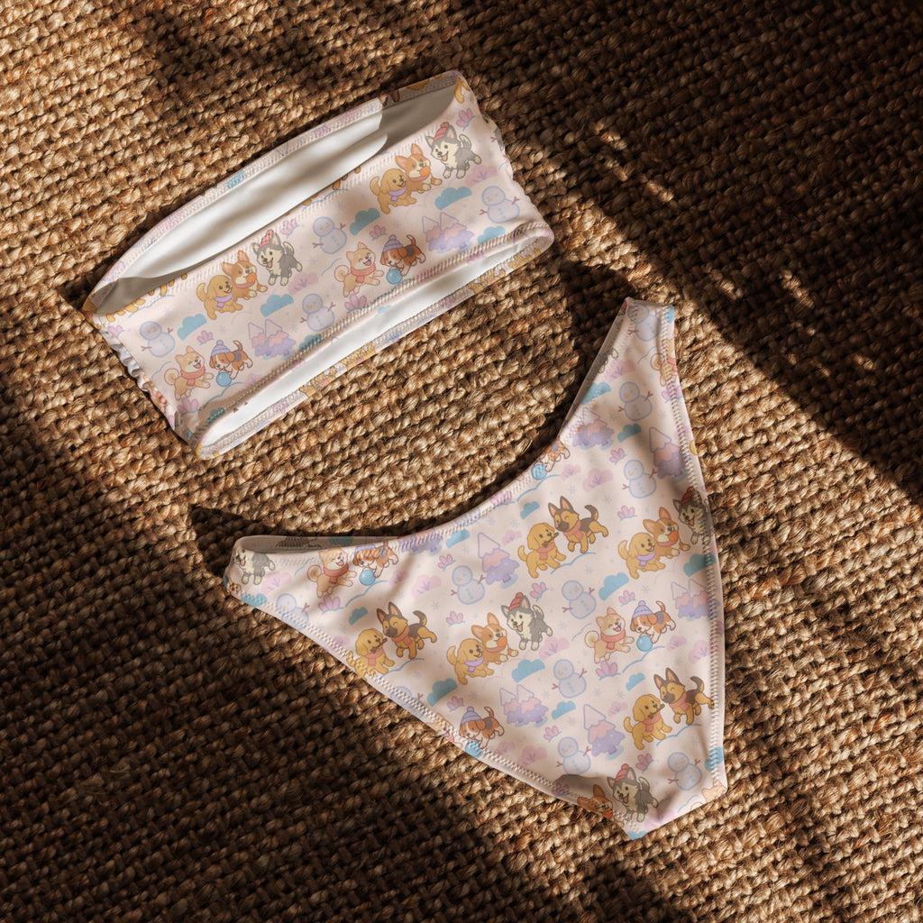 Women’s pastel pink dog-themed recycled bandeau bikini with playful cartoon dogs and clouds quick drying fabric upf 50+