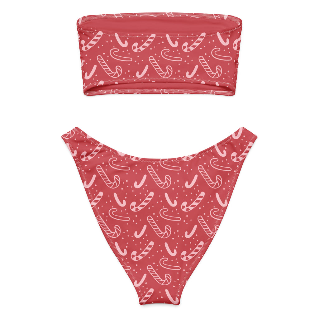 Women’s red candy cane christmas bandeau bikini with quick drying recycled fabric and upf 50 plus protection