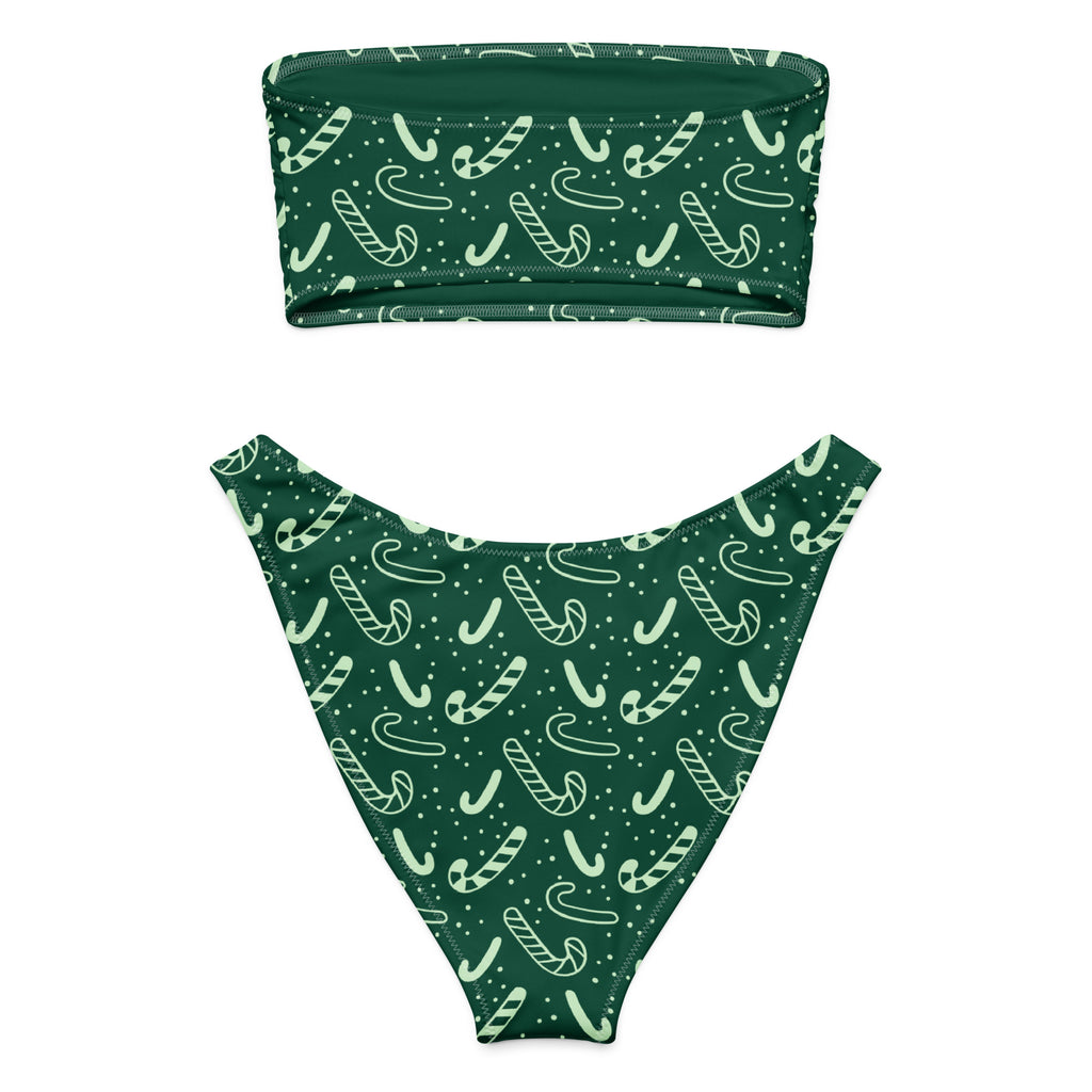 Women's Green Candy Cane Christmas Recycled Bandeau Bikini - Quick Drying Fabric With UPF 50+
